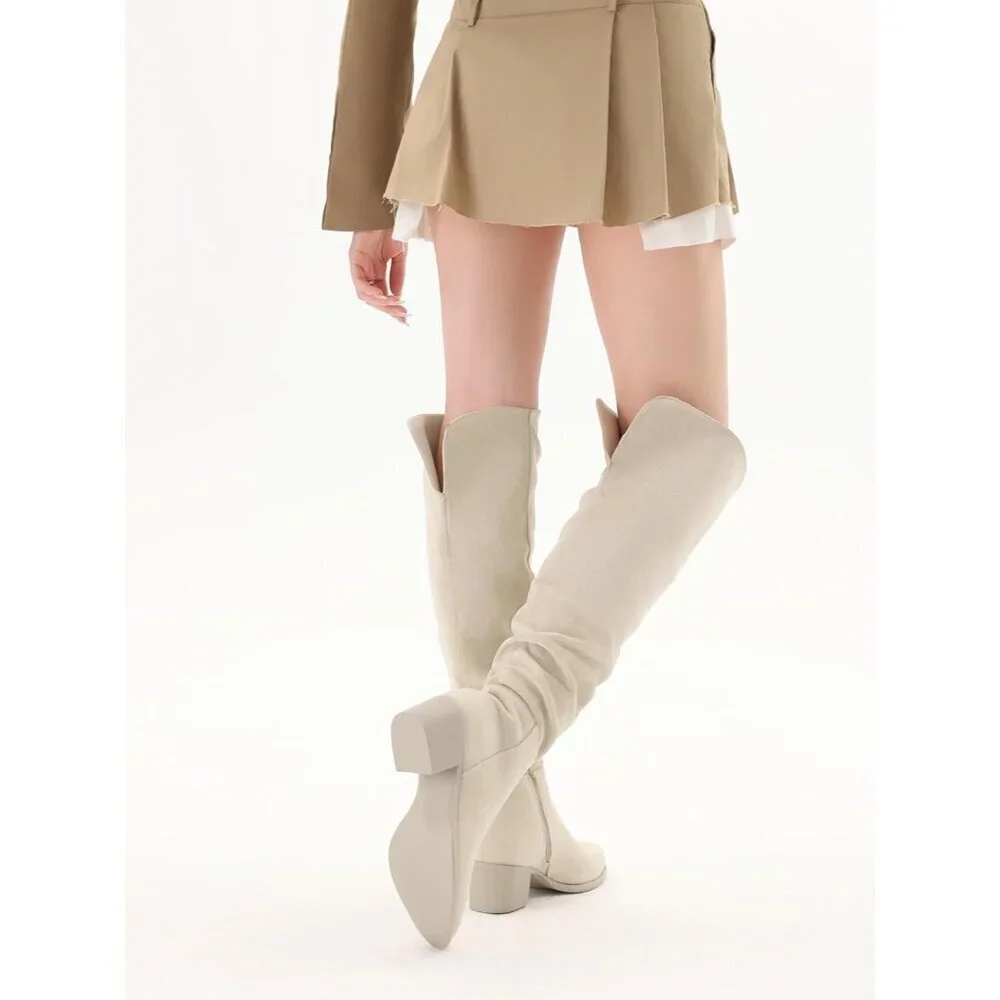 Women's Beige Suede Over The Knee Thigh High Chunky Block Heel Pointed Toe Boots